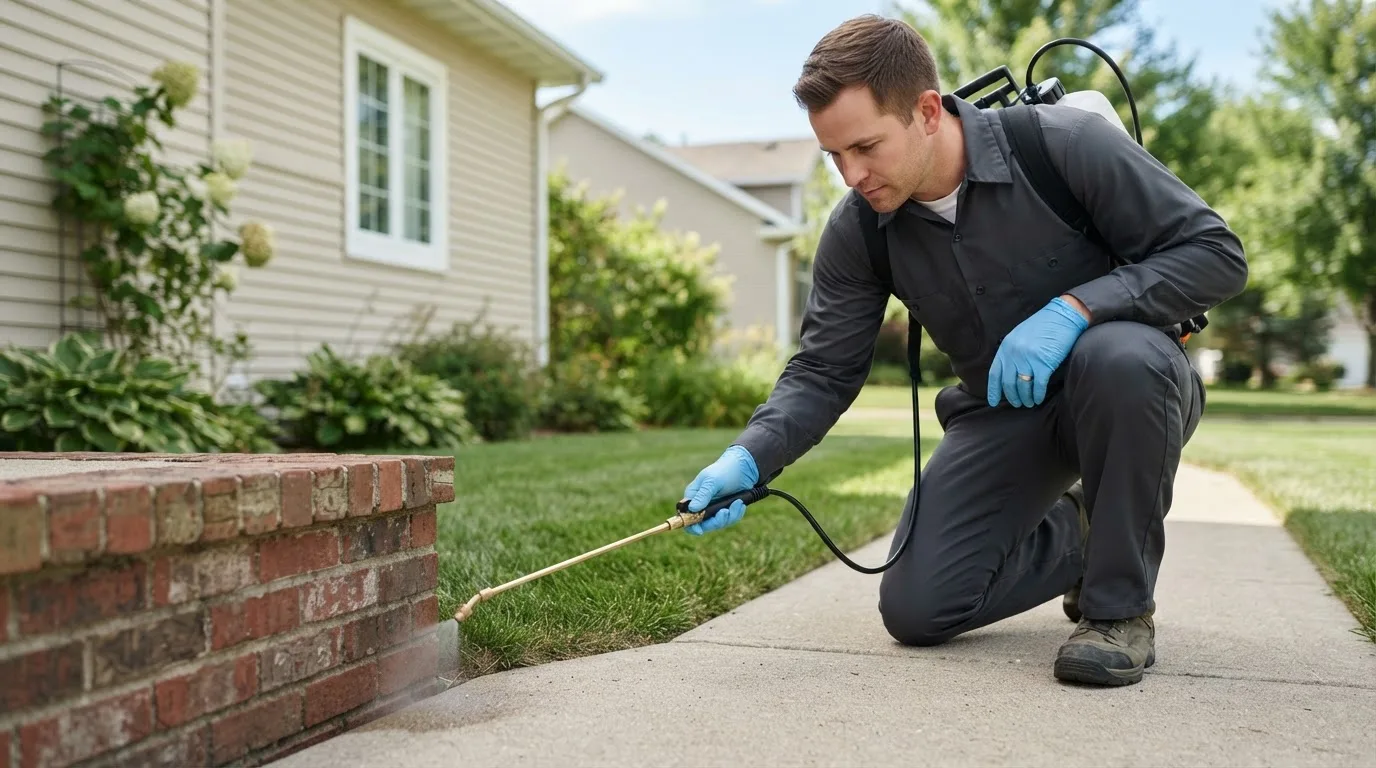 Pest control technician treating a home near Stillman Valley, IL